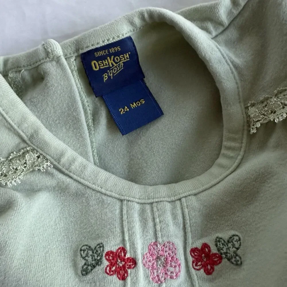 Vintage Y2K Oshkosh Embroidered Light Green Toddler Girls 24M Long Sleeve Shirt